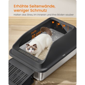 Weiße Ragdoll-Katze in einer hochwandigen grauen Katzentoilette auf Holzboden; deutscher Text lautet 'erhöhte Seitenwände, weniger Schmutz' und 'Tiefe 30 cm'.