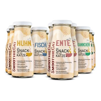 Flaschen mit SmoothieCat Katzensnacks in den Geschmacksrichtungen Huhn, Fisch, Ente und Kaninchen, auf Deutsch beschriftet.
