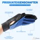 Massagehandschuh mit Fünf-Finger-Design, mit 255 Silikonborsten, verstellbarem Klettverschluss und atmungsaktivem Mesh-Stoff.