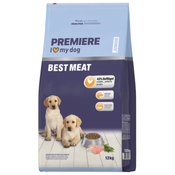 PREMIERE I love my dog JUNIOR nourriture pour chien Best Meat 43% volaille 12kg avec image de deux chiots et un bol de nourriture.