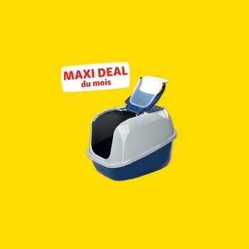 Litière pour chat couverte bleue et grise avec porte battante et texte « MAXI DEAL du mois » sur fond jaune.