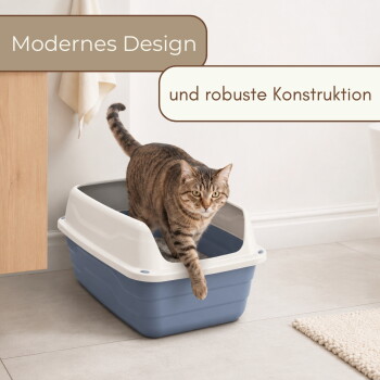 Getigerte Katze steigt aus einer blau-weißen Katzentoilette auf Fliesen; Banner: 'Modernes Design' und 'und robuste Konstruktion'.