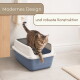 Getigerte Katze steigt aus einer blau-weißen Katzentoilette auf Fliesen; Banner: 'Modernes Design' und 'und robuste Konstruktion'.