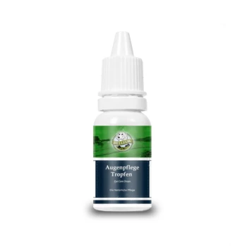 Weiße Flasche mit Augentropfen mit grünem Etikett, mit dem Text "Augenpflege Tropfen" und "Eye Care Drops."