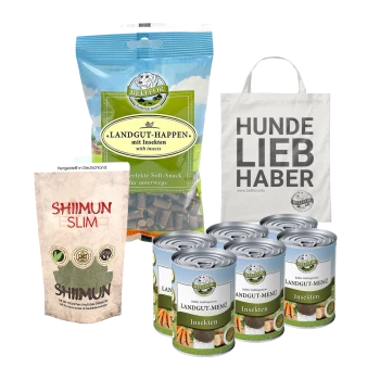 Haustierfutterkollektion: "Landgut-Happen" Snacks, "Shiimun Slim" Paket, sechs "Landgut-Menü" Dosen und eine weiße Tragetasche mit der Aufschrift "HUNDE LIEBHABER."