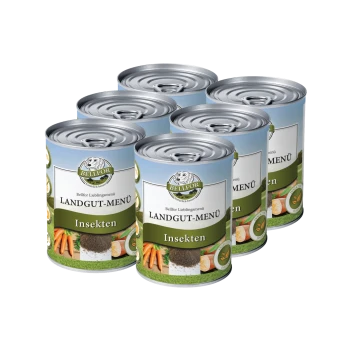 Sechs Dosen Bellfor Landgut-Menü Haustierfutter, beschriftet mit "Insekten," mit Bildern von Karotten und anderen Gemüse auf der Verpackung.