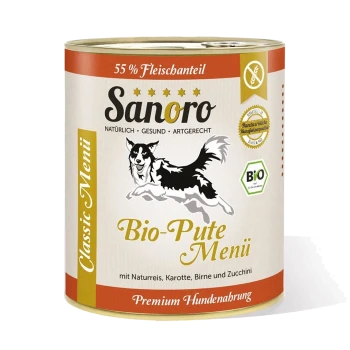 Eine Dose Sanoro Bio-Pute Menü Hundefutter mit einer schwarz-weißen Hundesilhouette, beschriftet mit "55% Fleischanteil" und "Premium Hundenahrung."