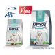 Zwei Tüten Happy Cat Katzenfutter, eine mit der Aufschrift 'Sensitive Light Low Fat' und die andere 'Care Light Low Fat', mit einer grauen Katze auf jeder Tüte.