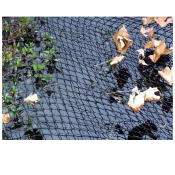 Eine Nahaufnahme eines schwarzen Netzgewebes über einem Gewässer, mit verstreuten trockenen Blättern und sichtbaren grünen Wasserpflanzen darunter.