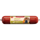 Emballage cylindrique de nourriture pour animaux de compagnie rouge étiqueté "Fleischeslust" avec "Ziege mit Lamm" (Chèvre avec Agneau) et des images de rutabaga, de citrouille et de myrtilles.