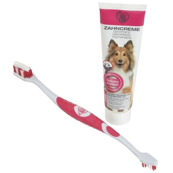 Zestaw pasty do zębów dla psów i szczoteczki, z tubką oznaczoną 'Zahncreme' z wizerunkiem collie i szczoteczką z podwójnym końcem.