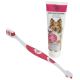 Hundezahnpasta und Zahnbürstenset, mit einer Tube mit der Aufschrift "Zahncreme" und einem Collie-Bild, sowie einer doppelseitigen Zahnbürste.