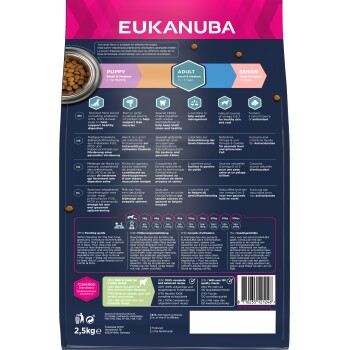 Eukanuba-Hundefutterbeutel mit Nährwertinformationen für Welpen, Erwachsene und Senioren, hebt Zutaten wie Lamm, Ballaststoffe und Kurkuma hervor.