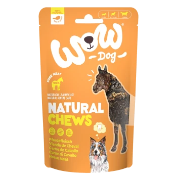 Emballage orange Wow Dog Natural Chews avec friandises dentaires à la viande de cheval pour chiens de moins de 8, 8-25 et plus de 25 kg.