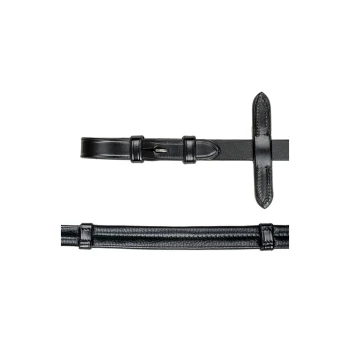 Schwarzes Leder-Haustierhalsband mit verstellbarem Schnallenverschluss und Nähdetails, vor einem weißen Hintergrund präsentiert.