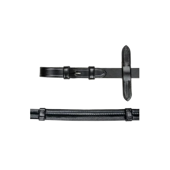 Schwarzes Leder-Haustierhalsband mit verstellbarem Schnallenverschluss und Nähdetails, vor einem weißen Hintergrund präsentiert.
