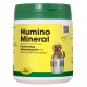Behälter mit dem Haustier-Nahrungsergänzungsmittel "Humino Mineral" mit einem gelben Etikett und einem Cartoon-Hund, der seinen HuminoMin® Nährstoffkomplex zeigt.