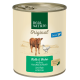 Dosenfutter für Haustiere "Real Nature Original Junior" mit Illustrationen von Rind und Huhn, aufgelistet sind die Zutaten: Kalb & Huhn mit Ente, Kartoffeln & Hanföl.