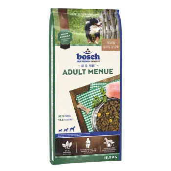 Bosch Adult Menu Hundefutterbeutel, 15 kg, mit einem Foto eines Hundes, Nährwertangaben: 23,5% Protein, 13,5% Fett und pflanzliche Zutaten.