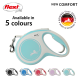 A light blue Flexi retractable dog leash labeled "NEW COMFORT," available in 5 colors, with a silver clip and a silhouette of a dog.