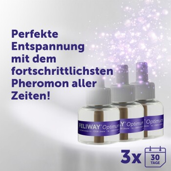 Drei Feliway Optimum Pheromon-Nachfüllfläschchen mit violetten Etiketten, deutsche Überschrift und '3x 30 Tage'.