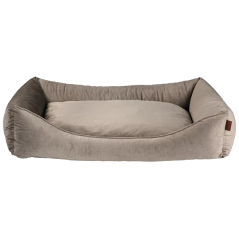 Weiches, plüschiges Haustierbett in neutralem Beige mit erhöhten Seiten für Komfort und Unterstützung.