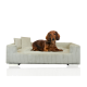 Ein brauner Dackel liegt auf einem plüschigen, hellgrauen Haustiersofa mit zwei kleinen Kissen und zeigt ein modernes Design.