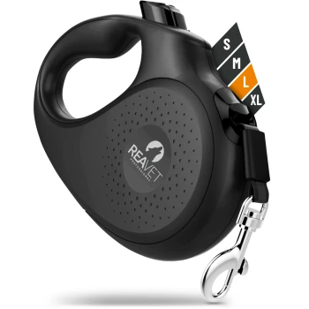 Schwarze ausziehbare Hundeleine mit einem strukturierten Griff, mit Größenindikatoren (S, M, L, XL) und einem silbernen Clip zur Befestigung.