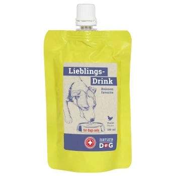 Gelber Beutel von "Lieblings-Drink" für Hunde, mit einer Hundillustration, beschriftet "nur für Hunde", mit den Texten "Poulet" und "100 ml".