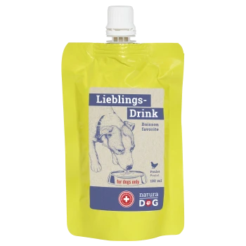 Gelber Beutel von "Lieblings-Drink" für Hunde, mit einer Hundillustration, beschriftet "nur für Hunde", mit den Texten "Poulet" und "100 ml".