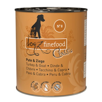 Eine Dose Hundefutter mit dem Etikett 'dogz finefood Classic', das eine Silhouette eines Hundes zeigt, mit dem Geschmack 'Truthahn & Ziege' in mehreren Sprachen.