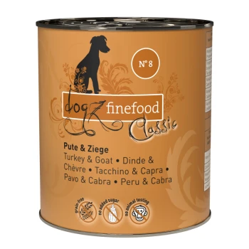 Eine Dose Hundefutter mit dem Etikett 'dogz finefood Classic', das eine Silhouette eines Hundes zeigt, mit dem Geschmack 'Truthahn & Ziege' in mehreren Sprachen.
