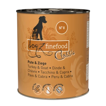 Eine Dose Hundefutter mit dem Etikett 'dogz finefood Classic', das eine Silhouette eines Hundes zeigt, mit dem Geschmack 'Truthahn & Ziege' in mehreren Sprachen.