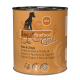 Eine Dose Hundefutter mit dem Etikett 'dogz finefood Classic', das eine Silhouette eines Hundes zeigt, mit dem Geschmack 'Truthahn & Ziege' in mehreren Sprachen.