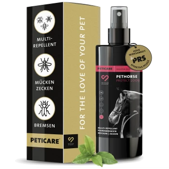 Schwarze Sprühflasche und Schachtel von Peticare Pethorse Protect 2009 Multi-Abwehrmittel gegen Mücken, Zecken und Bremsen.