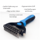 Haustierpflegewerkzeug mit einem ergonomischen Griff in Schwarz und Blau, mit abgerundeten Haken für eine sanfte Unterfellentfernung; der Text hebt seine Vorteile hervor.