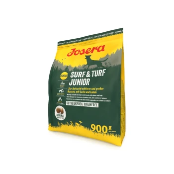 900g Beutel Josera Surf & Turf Junior Hundefutter in grün und gelb, getreidefrei, für mittelgroße bis große Rassen, mit Lachs und Lamm.