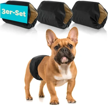 Ein französischer Bulldogge, die eine blaue Haustierwindel trägt, steht vor drei bunten Haustierwindeln (blau, grün, schwarz) mit dem Text "3er-Set."