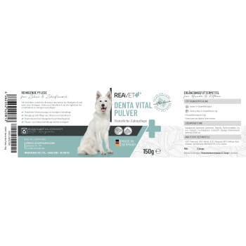 Ein Behälter mit REAVET Denta Vital Pulver für Hunde, beschriftet mit "150g", mit einem Text, der frischen Atem und keine chemischen Zusätze bewirbt.