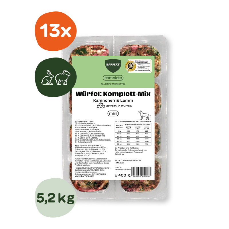 BARFER'S Würfel: Komplett-Mix Kaninchen & Lamm 13x400 g