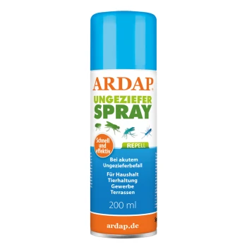 ARDAP Ungeziefer Spraydose, 200 ml, mit dem Text "Schnell und effektiv" und "Repell", mit Illustrationen von Insekten.