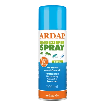ARDAP Ungeziefer Spraydose, 200 ml, mit dem Text "Schnell und effektiv" und "Repell", mit Illustrationen von Insekten.