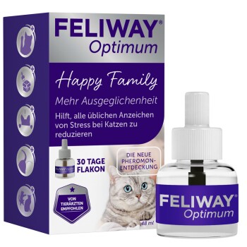 FELIWAY Optimum 'Happy Family' Pheromon-Diffusorbox und Nachfüllfläschchen mit Katzenbild und Text '30 TAGE FLAKON'.