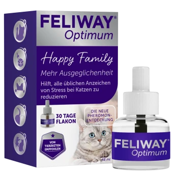 FELIWAY Optimum 'Happy Family' Pheromon-Diffusorbox und Nachfüllfläschchen mit Katzenbild und Text '30 TAGE FLAKON'.