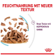 Feuchtfutter mit neuer Textur, zeigt Stücke in Sauce, mit dem Text "Neue Textur mit Häppchen in Sauce" in roter Schrift.