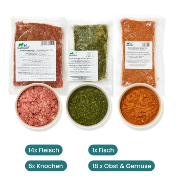 Tierfutterauswahl mit 14 Packungen Fleisch, 6 Knochen, 1 Fisch und 18 Portionen Obst und Gemüse, mit sichtbaren Produktetiketten.