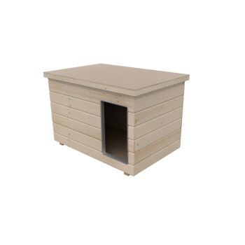 Beiges rechteckiges Haustierhaus aus Holz mit Flachdach und rechteckigem Seiteneingang mit Metallrahmen, horizontale Bretter.