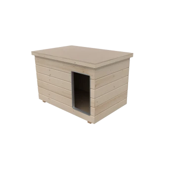 Beiges rechteckiges Haustierhaus aus Holz mit Flachdach und rechteckigem Seiteneingang mit Metallrahmen, horizontale Bretter.
