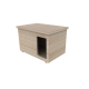 Beiges rechteckiges Haustierhaus aus Holz mit Flachdach und rechteckigem Seiteneingang mit Metallrahmen, horizontale Bretter.