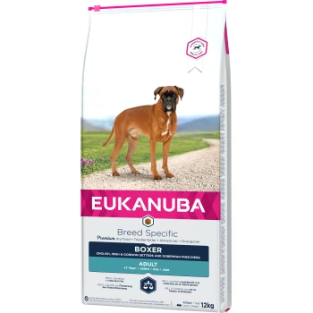Eukanuba rassespezifisches Trockenfutter für Boxer, mit einem Boxer-Hund auf der Verpackung, beschriftet mit "Erwachsene" und "12kg."